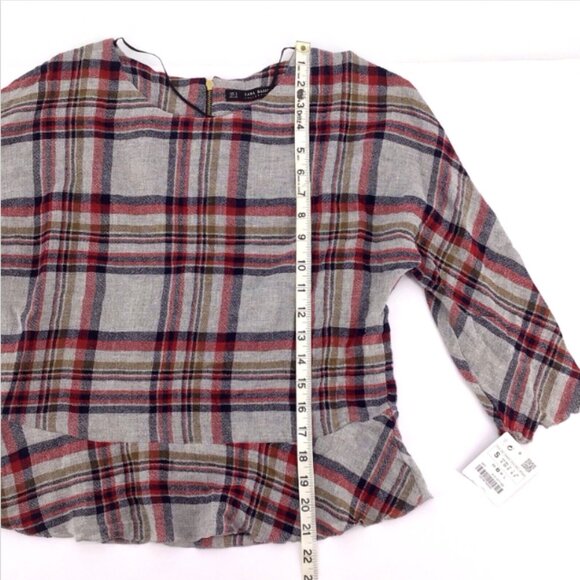 Zara Basic Plaid Blouse Peplum Short Sleeve Top Size Small - Picture 6 of 11